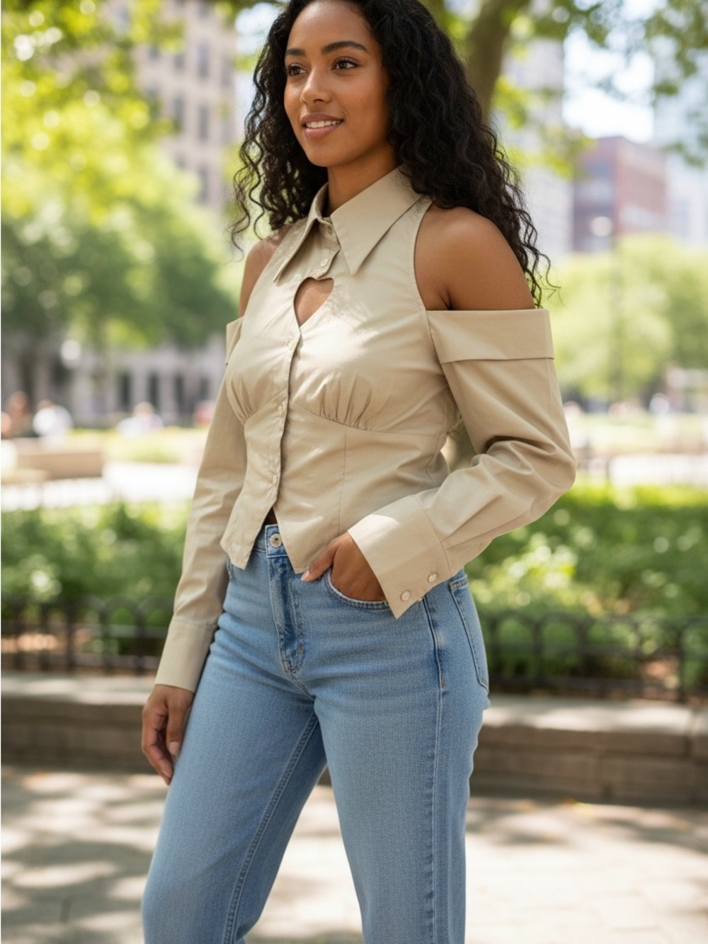 Cold-Shoulder Heart Cutout Button-Front Blouse - Beige